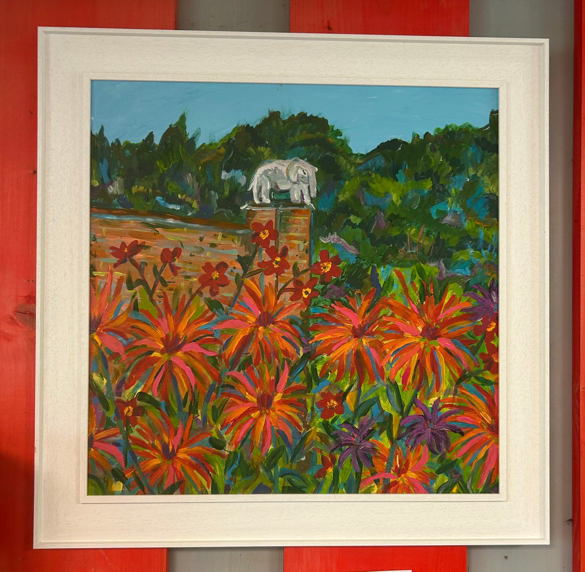 The Elephant In The Dahlias - Original Painting Framed