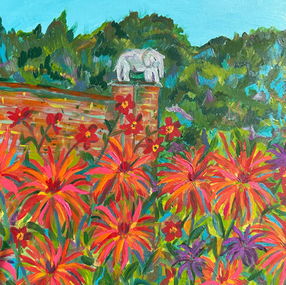 The Elephant In The Dahlias - Original Painting Framed
