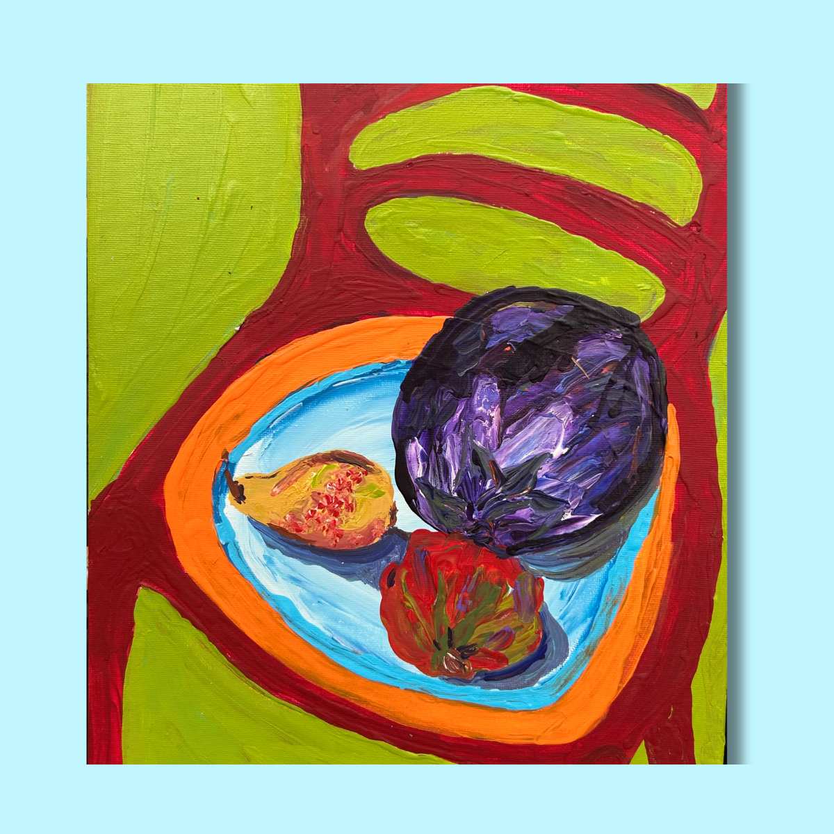 Pear, Tomato, Aubergine (from The Three Little Chairs Series) - Original Painting Unframed