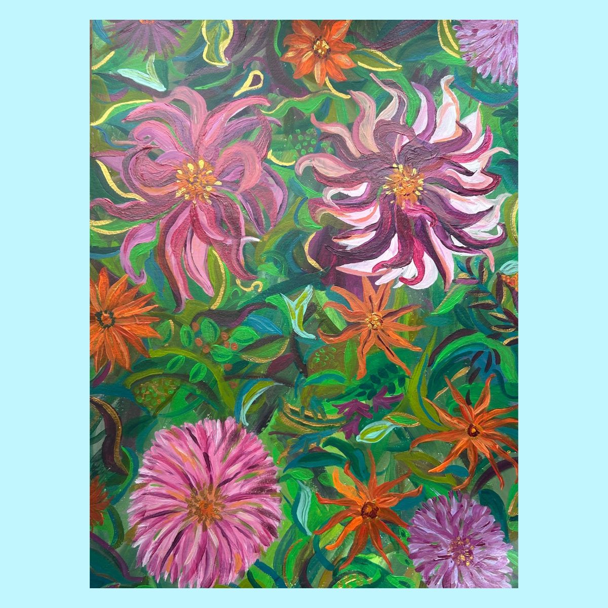 The Wild Dancing Dahlias - East Ruston Old Vicarage -Original Painting  Unframed