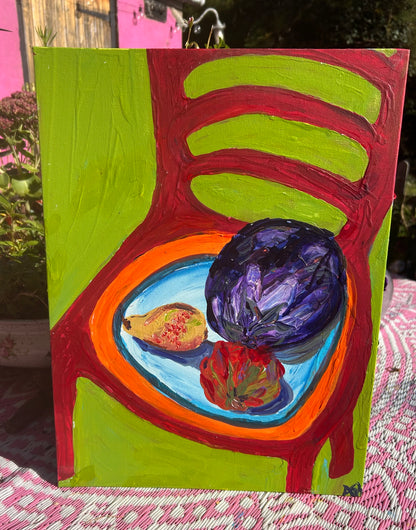 Pear, Tomato, Aubergine (from The Three Little Chairs Series) - Original Painting Unframed