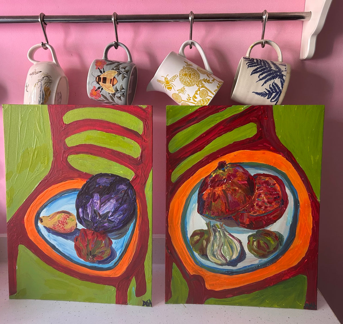Pear, Tomato, Aubergine (from The Three Little Chairs Series) - Original Painting Unframed